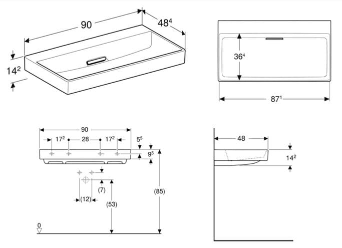 GEBERIT ONE umývadlo 90 cm, skrytý prepad, KeraTect 505.037.00.1 Technický nákres