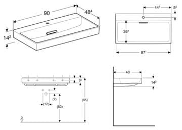 GEBERIT ONE umývadlo 90 cm, s otvorom pre batériu, skrytý prepad, KeraTect 505.038.00.1 Technický nákres