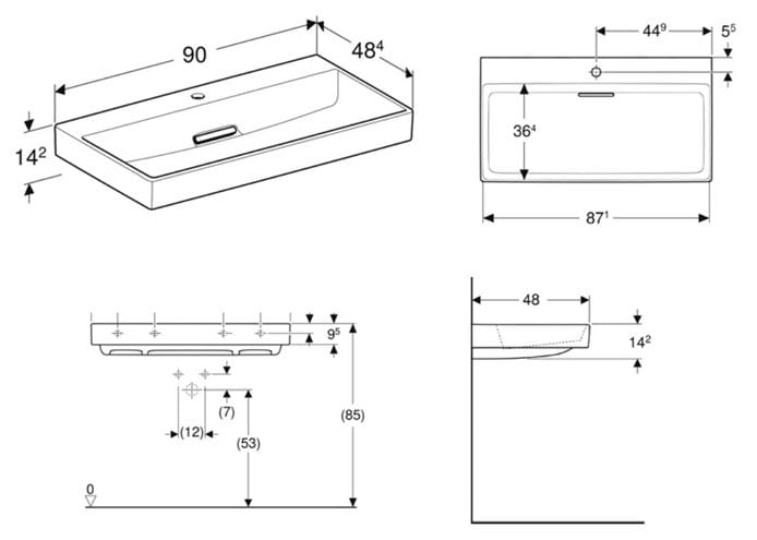 GEBERIT ONE umývadlo 90 cm, s otvorom pre batériu, skrytý prepad, KeraTect 505.038.00.1 Technický nákres