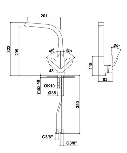 RAF drezová batéria, chróm K538 Technický nákres