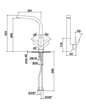 RAF drezová batéria, chróm K538 Technický nákres