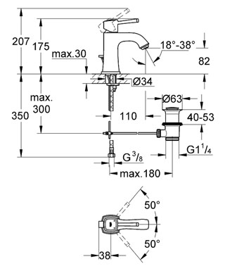 GROHE GRANDERA umývadlová stojanková batéria, s odtokovou súpravou, chróm 23303000 Technický nákres