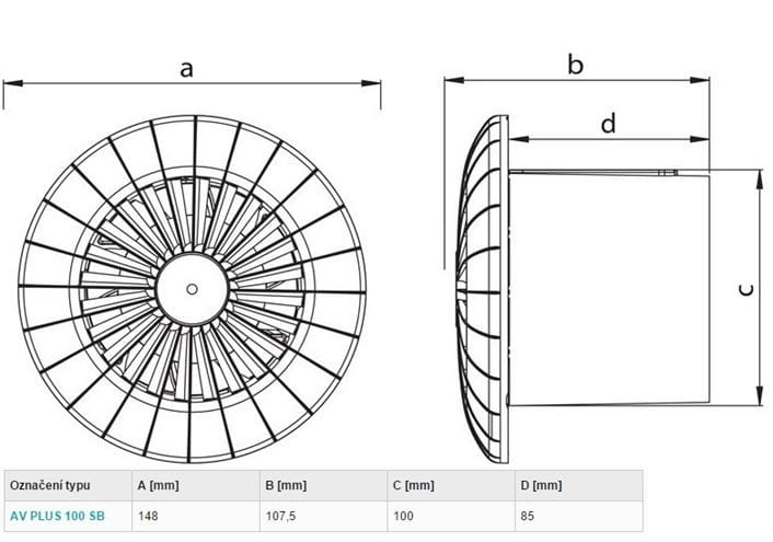 HACO AV PLUS 100 TB axiálny ventilátor 100 mm, nástenný/stropný, s časovačom 0933 Technický nákres