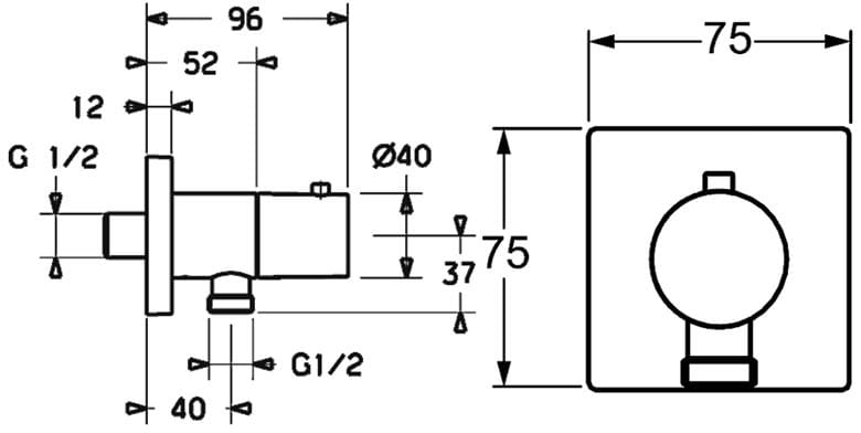 HANSA pripojovacie koleno 75x75mm, nástenné, s integrovaným uzatváraním, chróm 51570172 Technický nákres