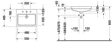 DURAVIT VERO umývadlo 55 cm, s otvorom pre batériu a prepadom 0315550000 Technický nákres