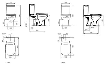 IDEAL STANDARD TEMPO kombinovaný klozet 365x665x400mm, odtok vnútorné kolmý, s hlbokým splachovaním, biela T331301 Technický nákres