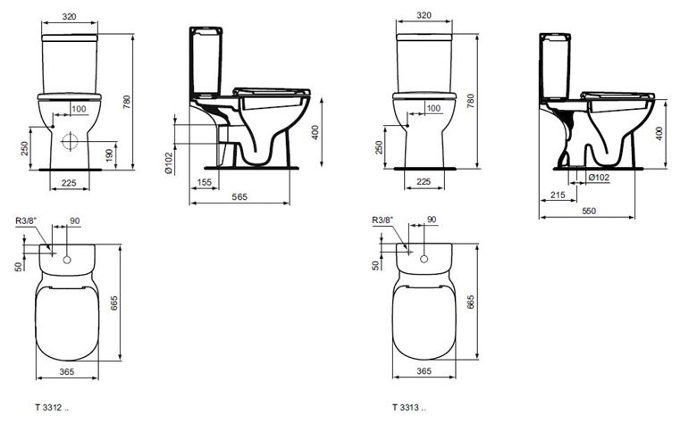 IDEAL STANDARD TEMPO kombinovaný klozet 365x665x400mm, odtok vnútorné kolmý, s hlbokým splachovaním, biela T331301 Technický nákres