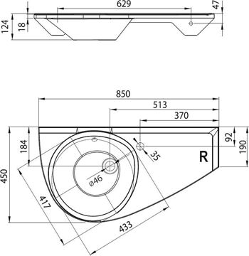 RAVAK AVOCADO umývadlo 85 cm, s otvorom pre batériu a prepadom, liaty mramor XJ1P1100000 Technický nákres