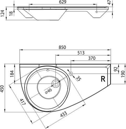 RAVAK AVOCADO umývadlo 85 cm, s otvorom pre batériu a prepadom, liaty mramor XJ1P1100000 Technický nákres