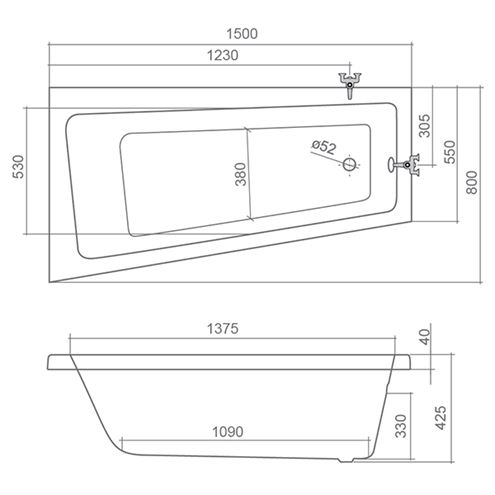 ROTH EVA SIDE rohová vaňa 150x80 cm, bez nožičiek, akrylát 9780000 Technický nákres