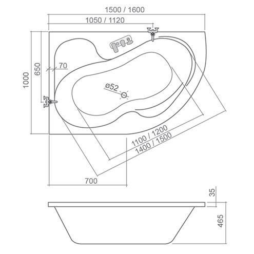 ROTH PROJECT TULLIP 150 rohová vaňa 150x100 cm, bez nožičiek, akrylát 5157000 Technický nákres