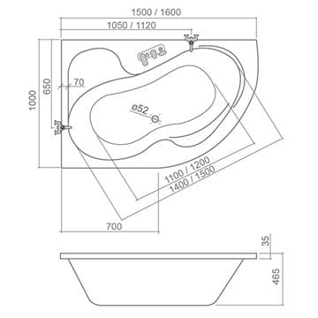 ROTH PROJECT TULLIP 150 rohová vaňa 150x100 cm, bez nožičiek, akrylát 5157000 Technický nákres