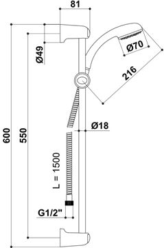 RAF EURO sprchový komplet pr. 70mm, hadica 1500mm, jednopolohová sprcha, chróm, SK500 SK500 Technický nákres