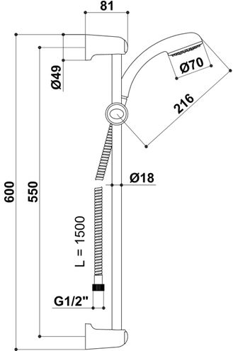 RAF EURO sprchový komplet pr. 70mm, hadica 1500mm, jednopolohová sprcha, chróm, SK500 SK500 Technický nákres