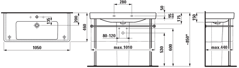 LAUFEN PRO S umývadlo 105 cm, s otvorom pre batériu a prepadom H8139660001041 Technický nákres