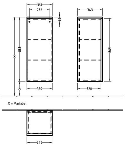 VILLEROY & BOCH VERITY LINE nízka skrinka 35,1x34,3x88,8 cm, 1 dvierka, pánty vpravo, Push-open, Glossy White B51501DH Technický nákres