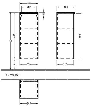 VILLEROY & BOCH VERITY LINE nízka skrinka 35,1x34,3x88,8 cm, 1 dvierka, pánty vpravo, Push-open, Glossy White B51501DH Technický nákres