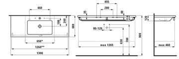 LAUFEN LIVING SQUARE umývadlo 130 cm, s prepadom H8164350001091 Technický nákres