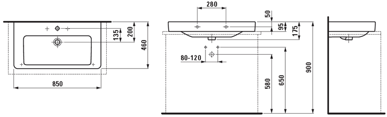 LAUFEN PRO S umývadlo 85 cm, s otvorom pre batériu a prepadom H8169650001041 Technický nákres