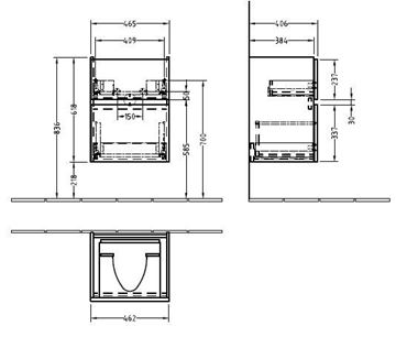 VILLEROY & BOCH VERITY LINE skrinka pod umývadlo 46,5x40,6x61,8 cm, 2 zásuvky, Oak Nebraska B66600PJ Technický nákres