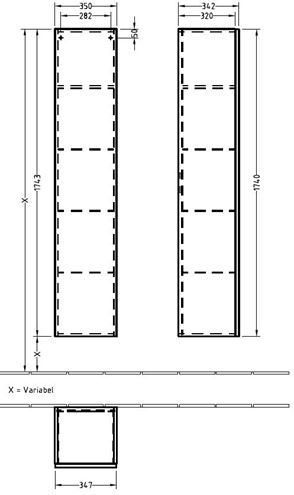 VILLEROY & BOCH VERITY LINE vysoká skrinka 35x34,2x174,3 cm, 1 dvierka, pánty vpravo, Push-open, Oak Nebraska B66701PJ Technický nákres