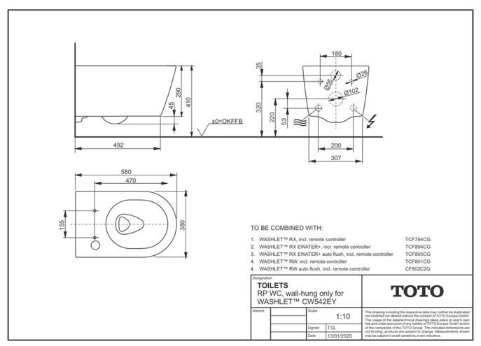 CONCEPT 200 WASHLET závesné WC s bidetovým sedátkom, Rimless, okrúhle 542EY-CON-WC-R+894CG Technický nákres