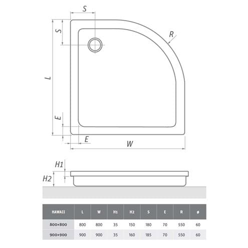 ROTH HAWAII sprchová vanička 90x90 cm, R550, akrylát, bez nožičiek 8000026 Technický nákres