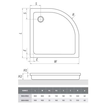 ROTH HAWAII sprchová vanička 90x90 cm, R550, akrylát, bez nožičiek 8000026 Technický nákres