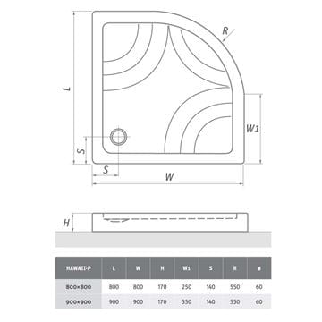 ROTH HAWAII-P sprchová vanička 80x80 cm, R550, akrylát, s nosičom 8000024 Technický nákres
