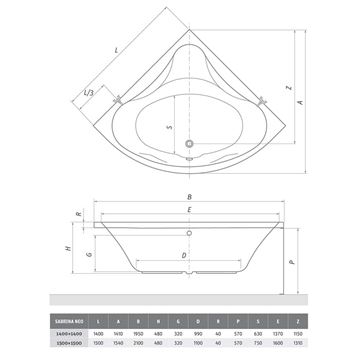 ROTH SABRINA NEO 150 čelný panel k vani 150x57 cm  9630001 Technický nákres