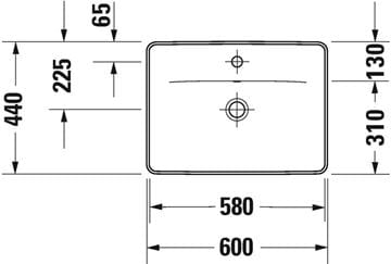 DURAVIT D-NEO umývadlo 60 cm, s otvorom pre batériu a prepadom, WonderGliss 03576000271 Technický nákres