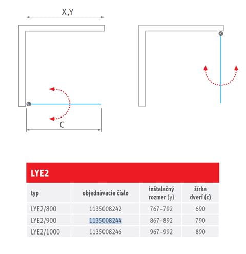 ROTH LIMAYA LINE LYE2/1000 sprchové dvere 100x195 cm, lietacie, brillant/sklo transparent 1135008246 Technický nákres