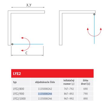 ROTH LIMAYA LINE LYE2/1000 sprchové dvere 100x195 cm, lietacie, brillant/sklo transparent 1135008246 Technický nákres