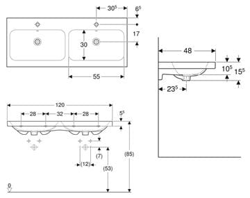 GEBERIT ICON LIGHT dvojumývadlo 120 cm, s 2 otvormi pre batérie a prepadom, KeraTect 501.838.00.2 Technický nákres
