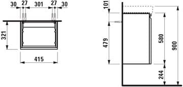 LAUFEN PRO S skrinka pod umývadlo 41,5x32,1x58 cm, 1 dvierka, pánty vľavo, matná biela H4833010964631 Technický nákres