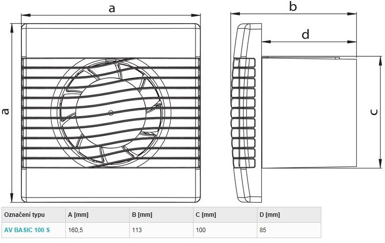 HACO AV BASIC 100 S axiálny ventilátor 100 mm, nástenný 0905 Technický nákres