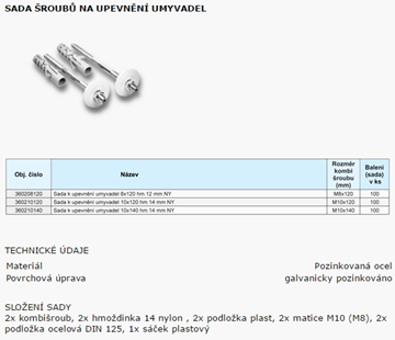SOLIDA sada M10x120mm, na upevnenie umývadiel, oceľ TH360210122 Technický nákres