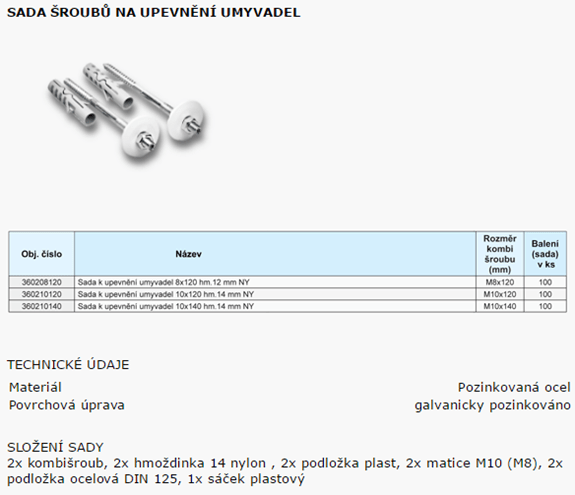 SOLIDA sada M10x120mm, na upevnenie umývadiel, oceľ TH360210122 Technický nákres