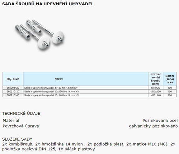 SOLIDA sada M8x120mm na upevnenie umývadiel, oceľ TH360208120 Technický nákres