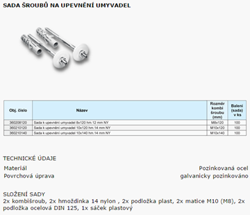 SOLIDA sada M8x120mm na upevnenie umývadiel, oceľ TH360208120 Technický nákres