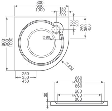 ROTH TAHITI-M sprchová vanička 90x90 cm, R550, liaty mramor, s nožičkami, s protišmykom 8000065 Technický nákres