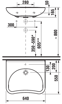 JIKA MIO bezbariérové umývadlo 65 cm, s otvorom pre batériu, bez prepadu H8137140001041 Technický nákres