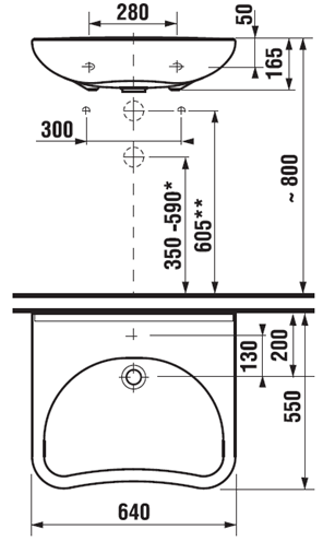 JIKA MIO bezbariérové umývadlo 65 cm, s otvorom pre batériu, bez prepadu H8137140001041 Technický nákres