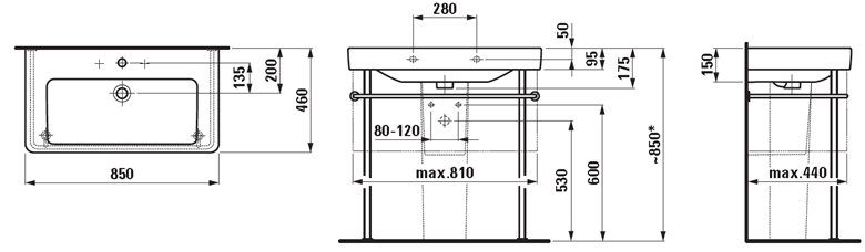 LAUFEN PRO S umývadlo 85 cm, s otvorom pre batériu a prepadom H8139650001041 Technický nákres