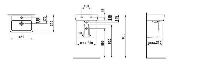 LAUFEN PRO umývadielko 45 cm, s prepadom H8119510001091 Technický nákres