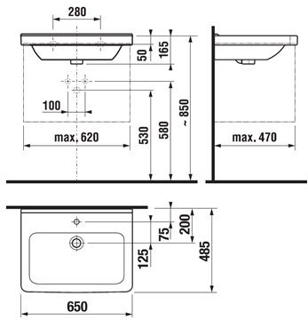 JIKA CUBITO umývadlo 65 cm, s otvorom pre batériu a prepadom, Jika perla H8104241001041 Technický nákres