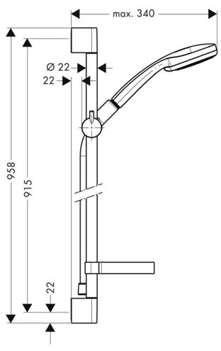HANSGROHE CROMA 100 4JET sprchová súprava 4-dielna, ručná sprcha pr. 100 mm, 4 prúdy, tyč, hadica, mydelnička, EcoSmart, chróm 27653000 Technický nákres