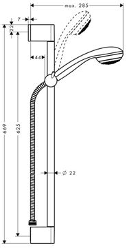 HANSGROHE CROMETTA 85 MONO 1JET sprchová súprava 3-dielna, ručná sprcha pr. 85 mm, tyč, hadica, chróm 27728000 Technický nákres