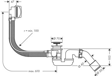 HANSGROHE FLEXAPLUS vaňový sifón 52 cm, bovden, chróm 58143000 Technický nákres
