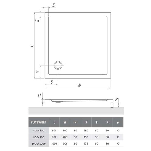 ROTH FLAT KVADRO sprchová vanička 100x100 cm, akrylát, bez nožičiek 8000120 Technický nákres